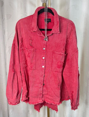 Vici Stylish Red Distressed Long Sleeve Button Up 100% Cotton Denim Shirt, Sz XL
